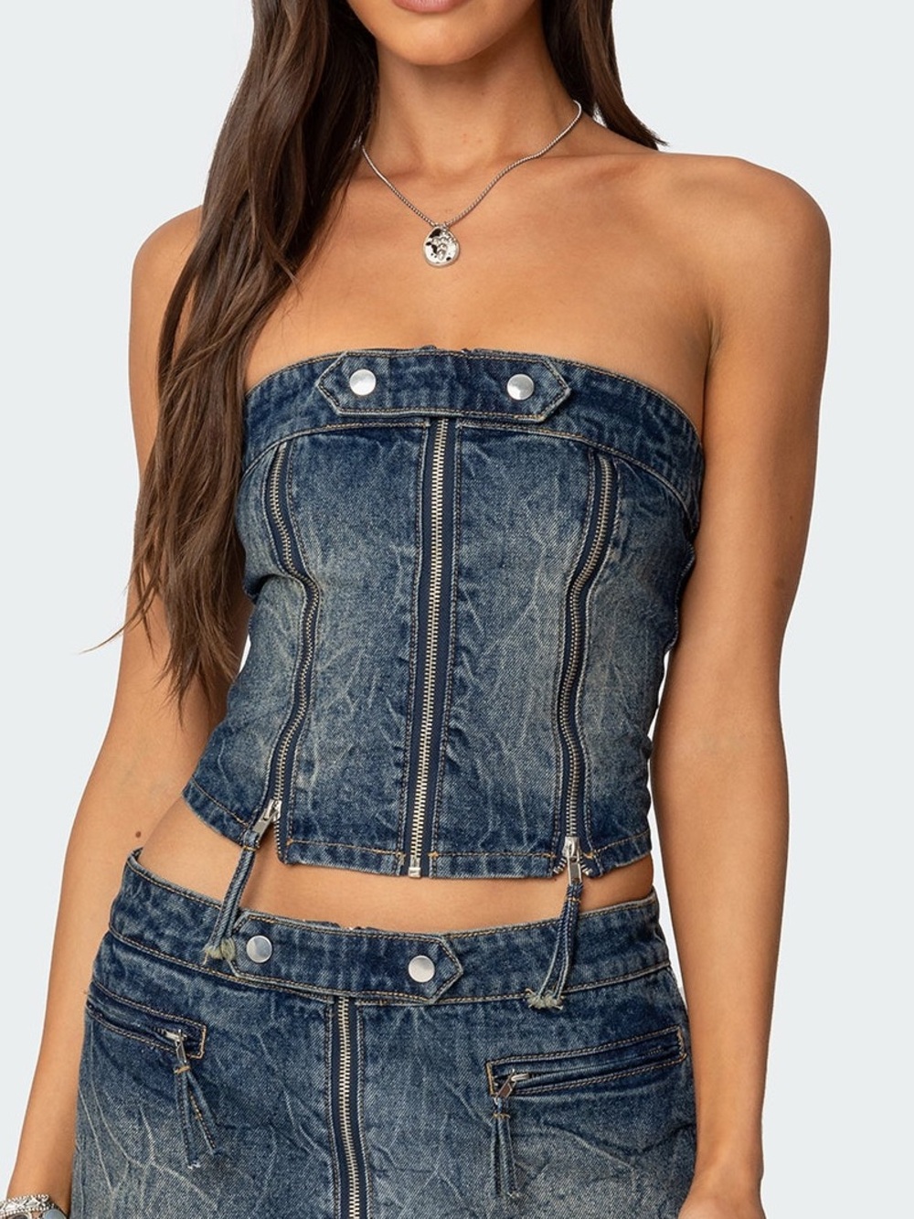 Edikted Guinevere Zip Washed Denim Top Blue Wash